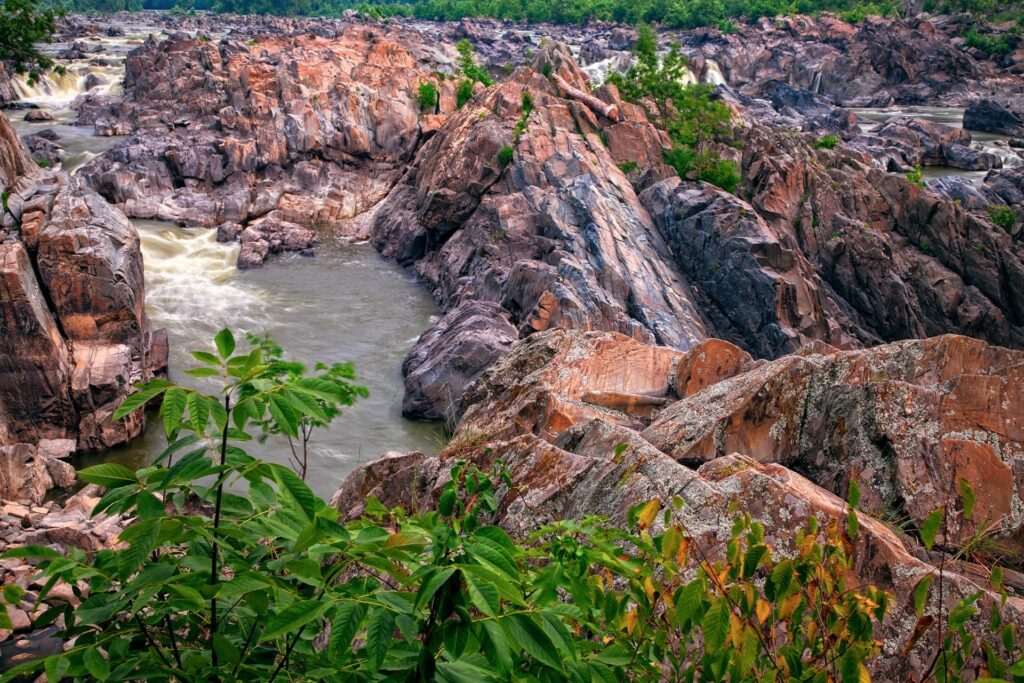 Scenic river flowing through rocky terrain with vibrant green shrubs and lush foliage wallpaper