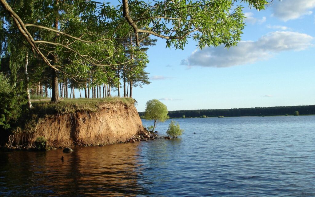 Tranquil riverside with clear blue water lush green trees clay coastline bright sky wallpaper