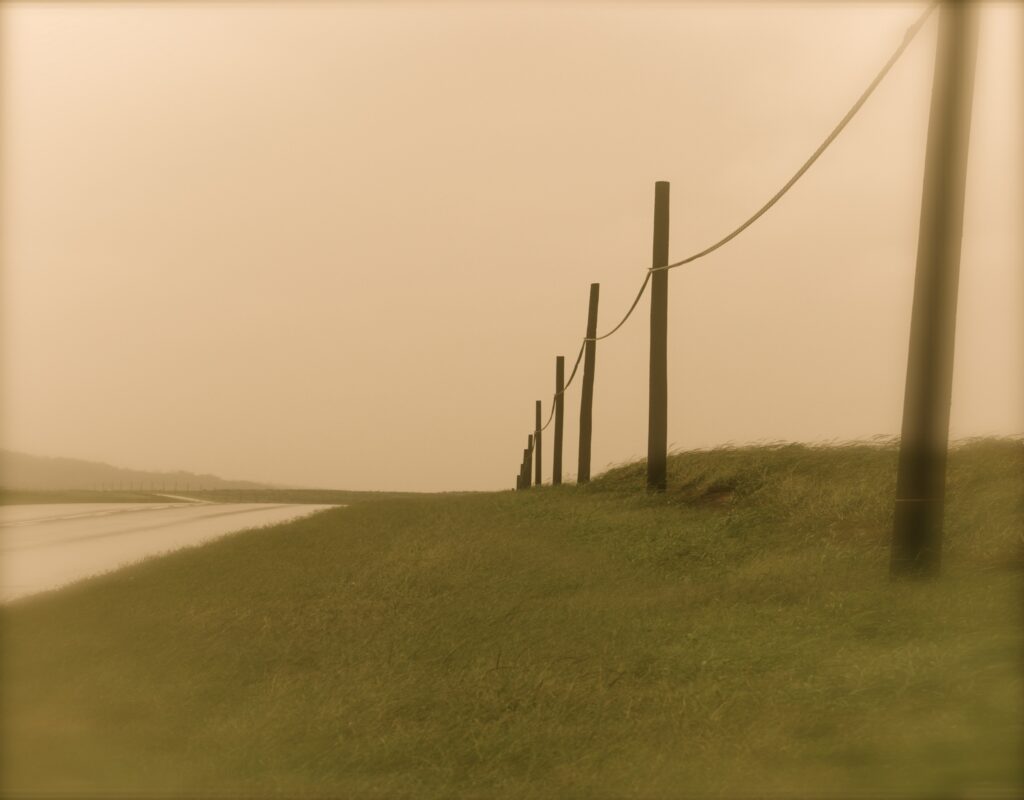 Dark columns with rope beside grassy path under sepia foggy sky tranquil wallpaper background