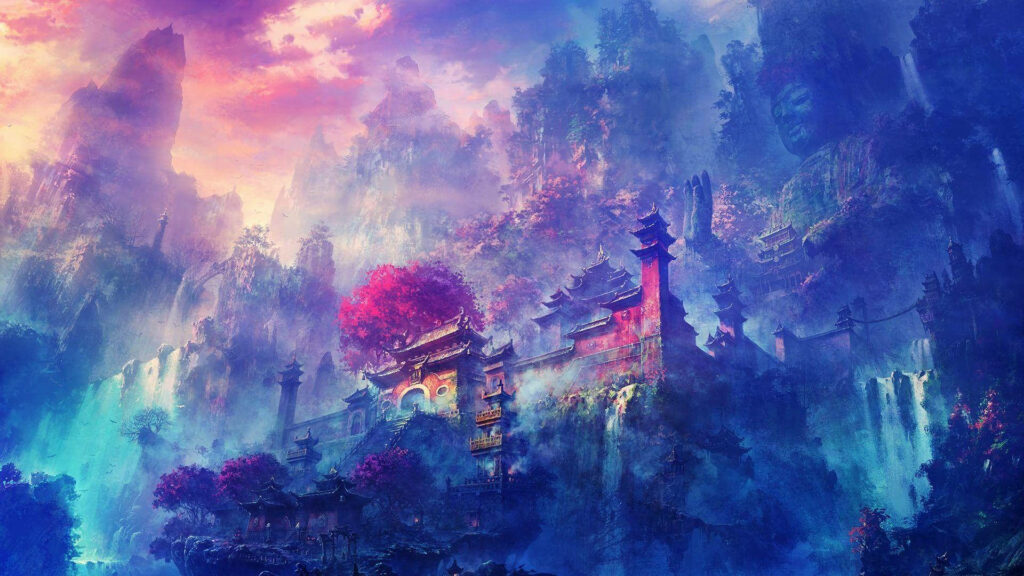 Dreamy Serenity: A Heavenly Blue Anime Scenery Wallpaper