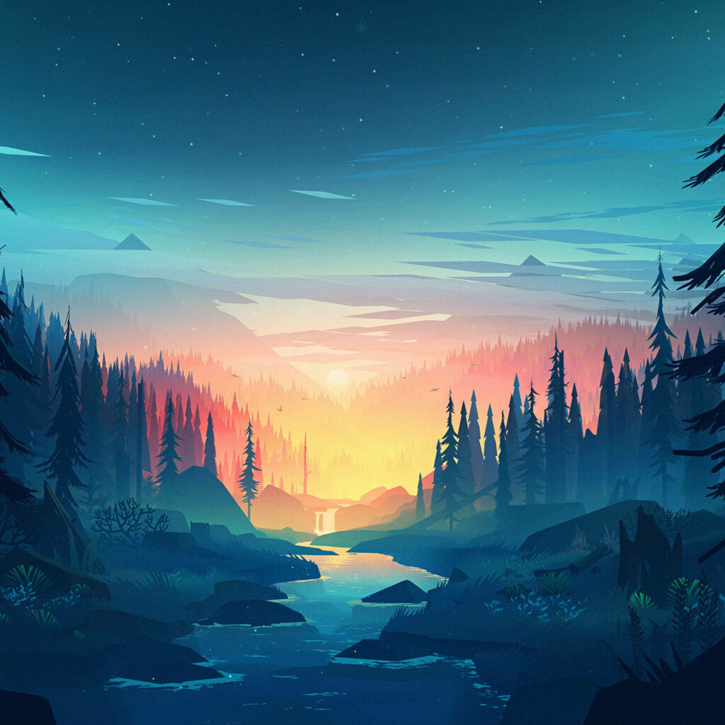 Tranquil Sunset in the Forest: Stunning iPad Pro Wallpaper Art featuring Trees and River