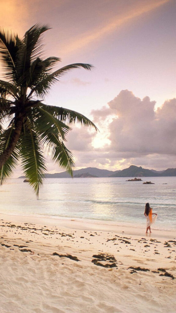 Tranquil Seychelles Beach Wallpaper: Crystal Waters & Golden Sky