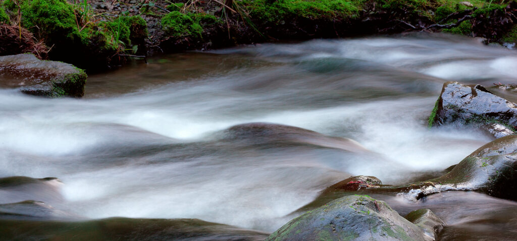 Silky smooth stream flowing over stones with lush green moss serene natural wallpaper background