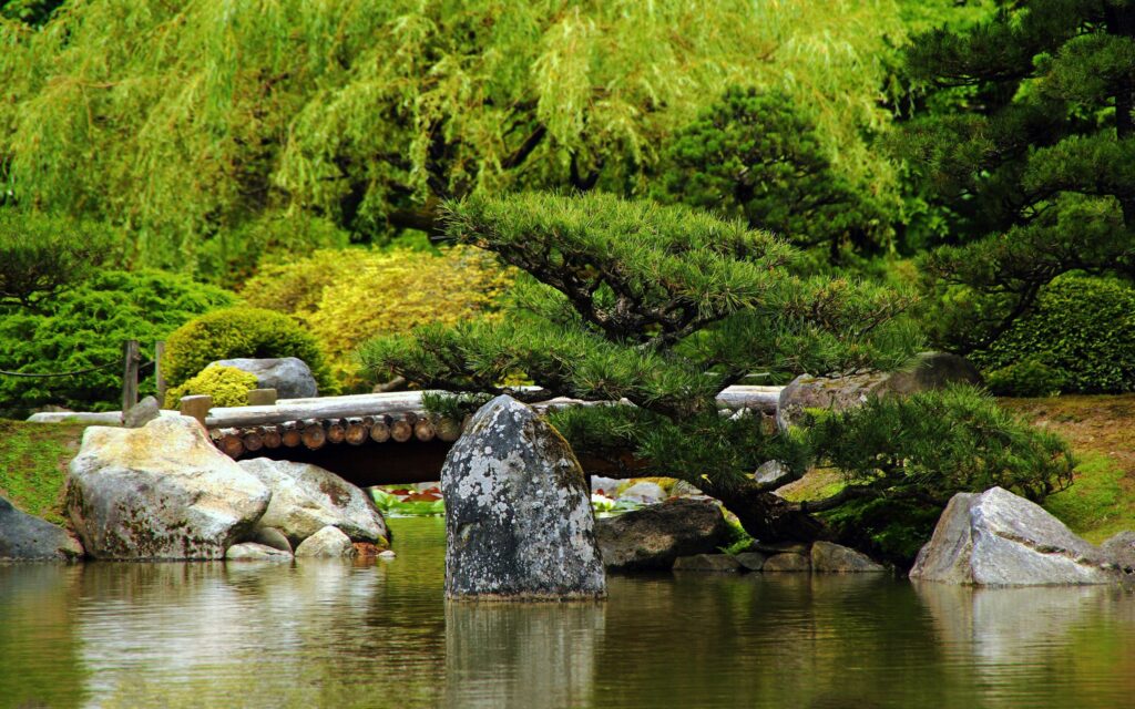 Tranquil summer timbered bridge over serene pond with smooth stones and lush green trees wallpaper