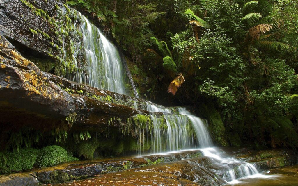 Tranquil summer waterfall over mossy rocks with clear river and lush green foliage background Wallpaper
