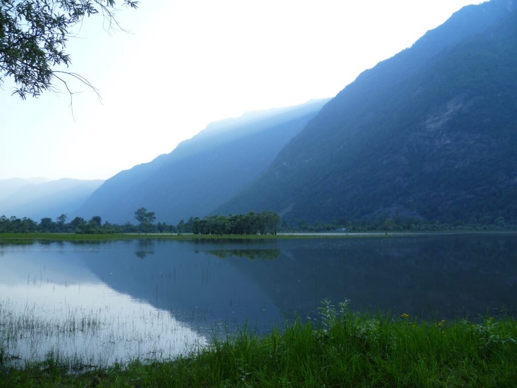 Teletsky Lake Altai Mountains serene misty blue peaks reflection lush green shore wallpaper