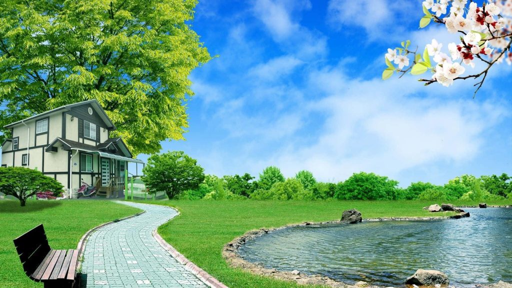 Timber-framed house by pond with cobblestone path lush lawn spring blossoms blue sky wallpaper