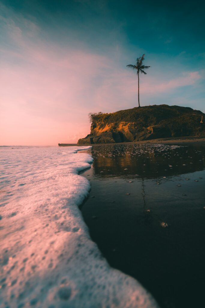 Tranquil tropical beach wallpaper with small island palm tree golden sunlight and gentle waves