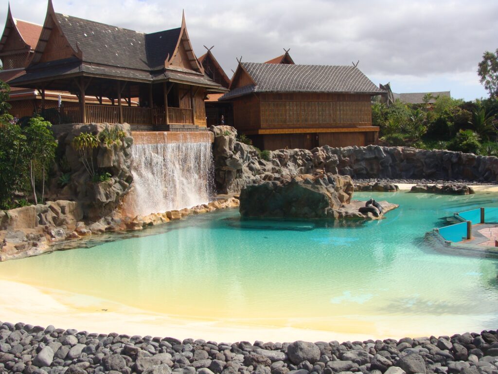 Tropical wooden house with turquoise pool waterfall lush greenery and natural rock wallpaper background