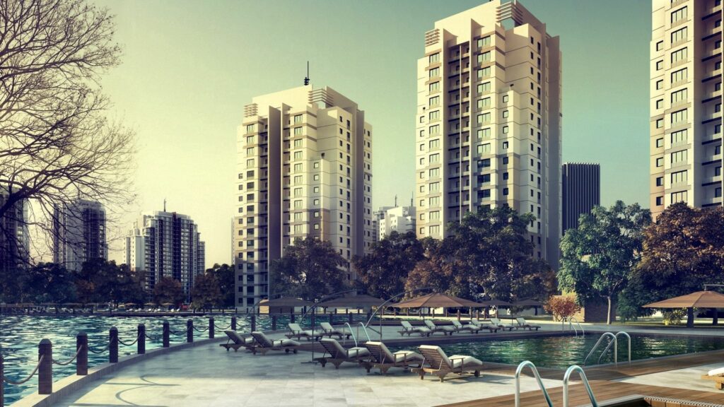Serene Urban Oasis: Luxurious Poolside Wallpaper Background