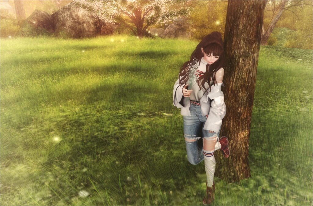 Tranquil Girl by Tree in Sun-Kissed Field - Serene Wallpaper