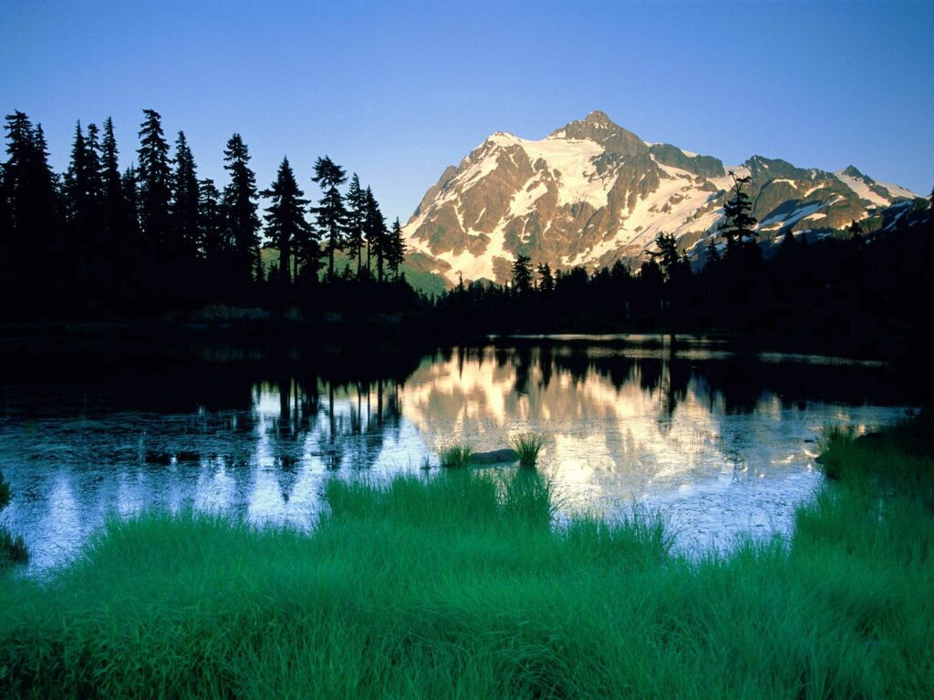 Tranquil Washington morning with snowy mountains reflected in calm lake and pine trees wallpaper
