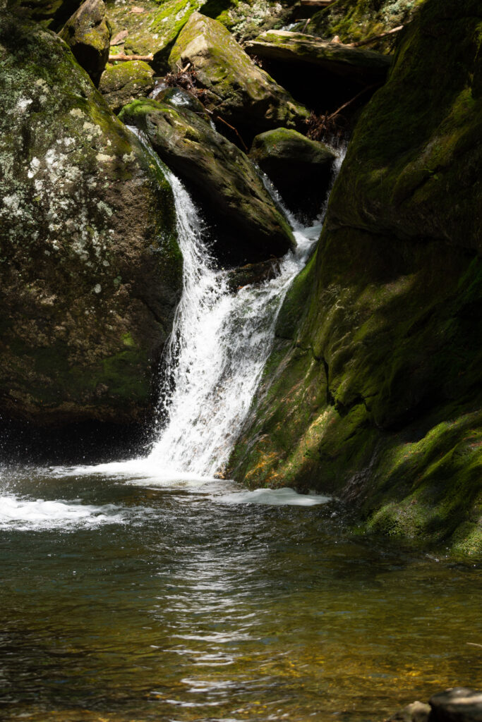 Serene waterfall cascading over mossy rocks into a clear pool nature wallpaper background