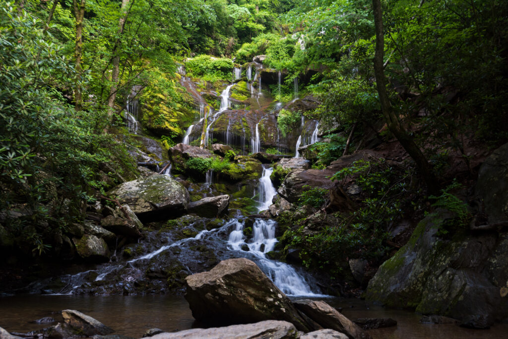 Serene waterfall cascading over mossy stones amid lush green trees in a tranquil nature scene Wallpaper