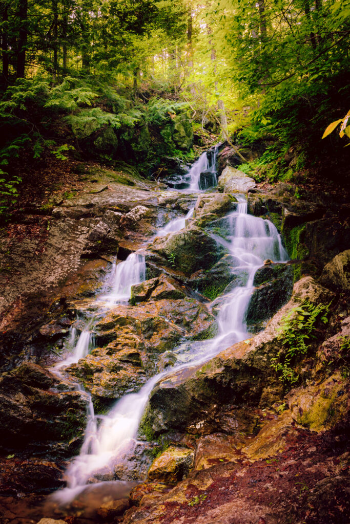 Serene waterfall over rugged stones with lush green grass and dense forest in nature wallpaper