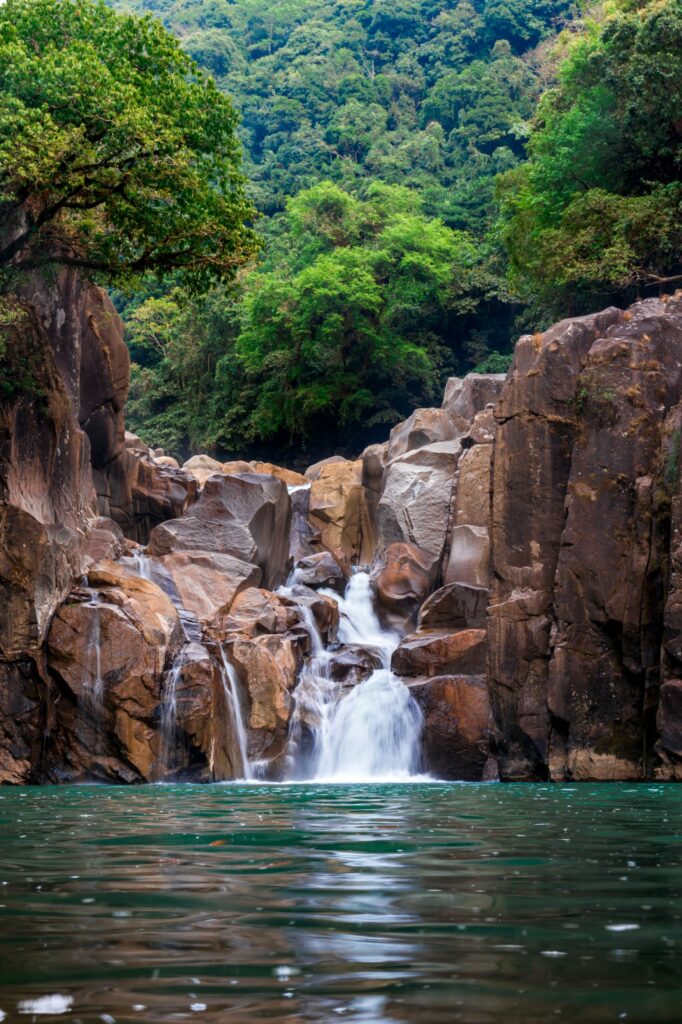 Cascading waterfall over smooth stones in lush green forest vibrant nature wallpaper background