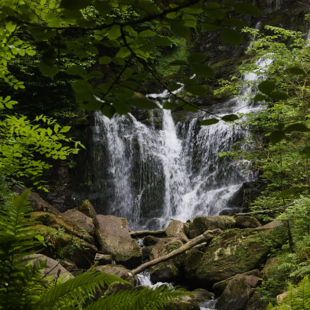 Cascading waterfall over rugged stones with vibrant green leaves in a lush nature landscape wallpaper