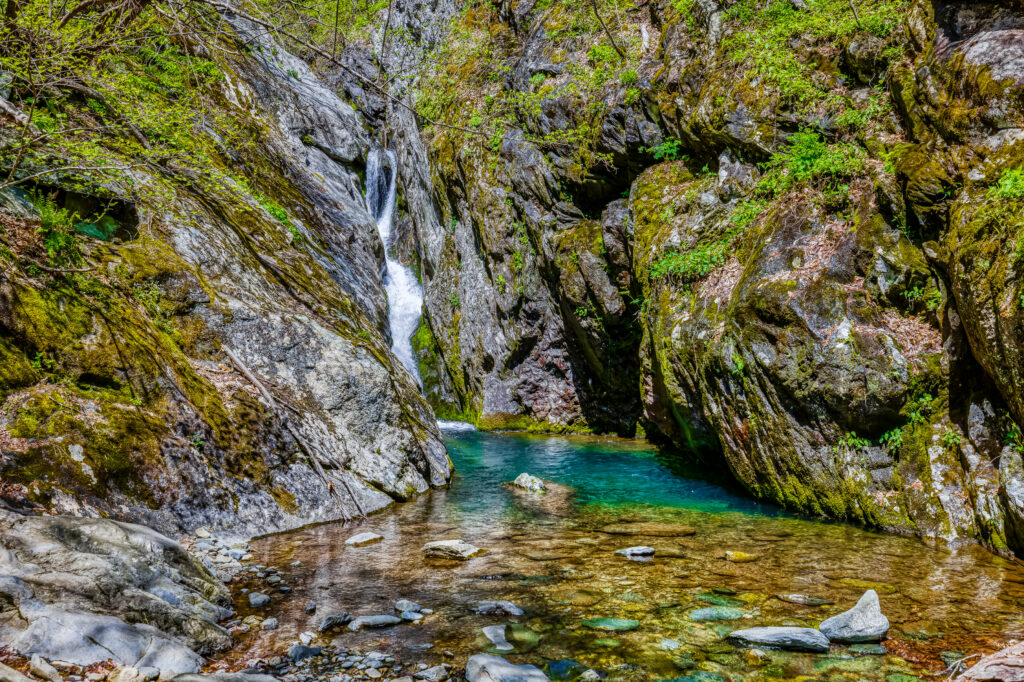 Serene waterfall cascading into turquoise pool amid lush greenery and moss-covered rocks wallpaper