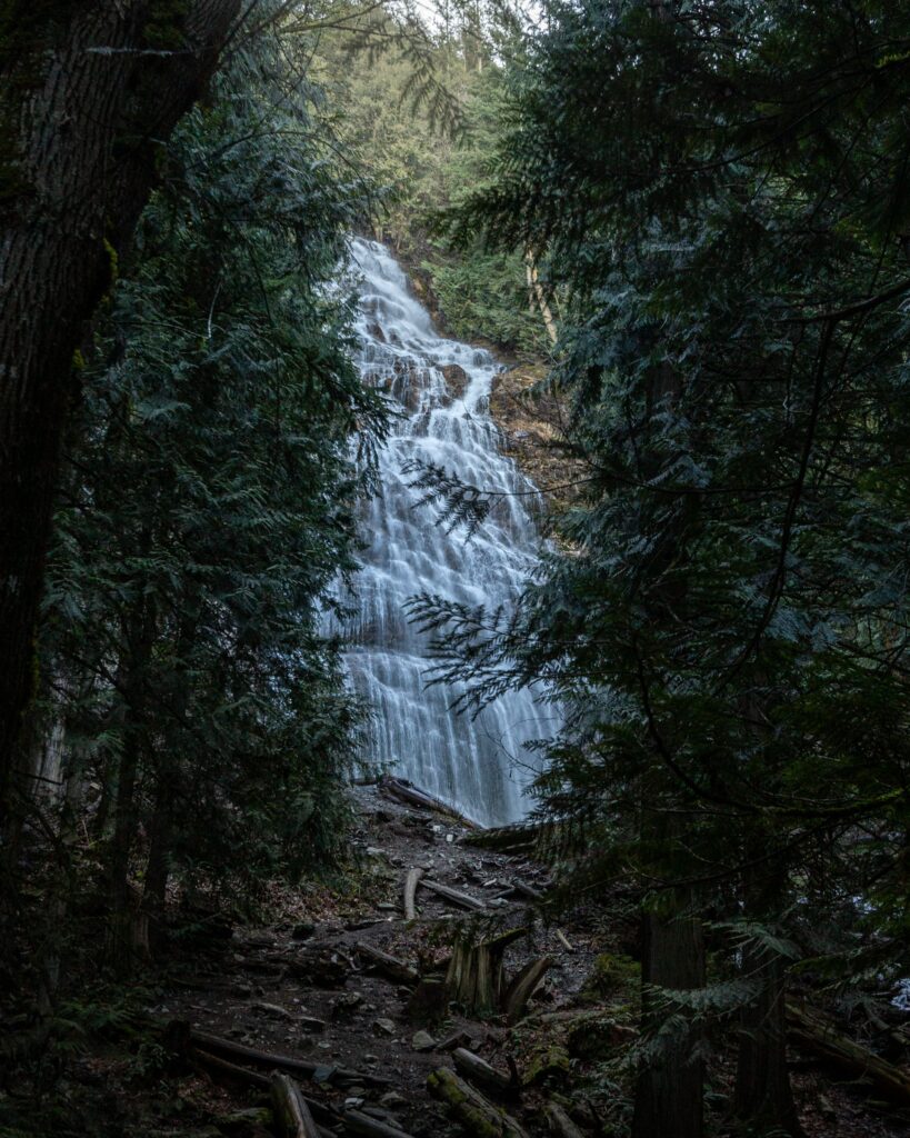 Serene waterfall cascading rocky tiers surrounded by lush green forest with natural light filtering Wallpaper