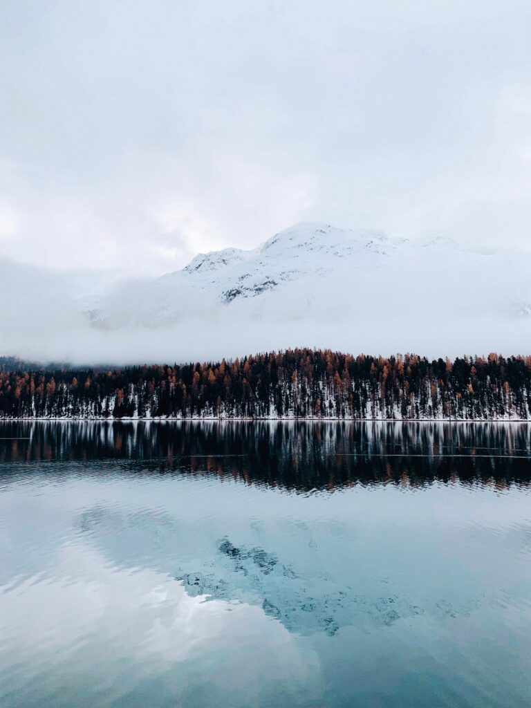 Snowy mountains misty forest lake winter landscape wallpaper calm frosty blue tones background