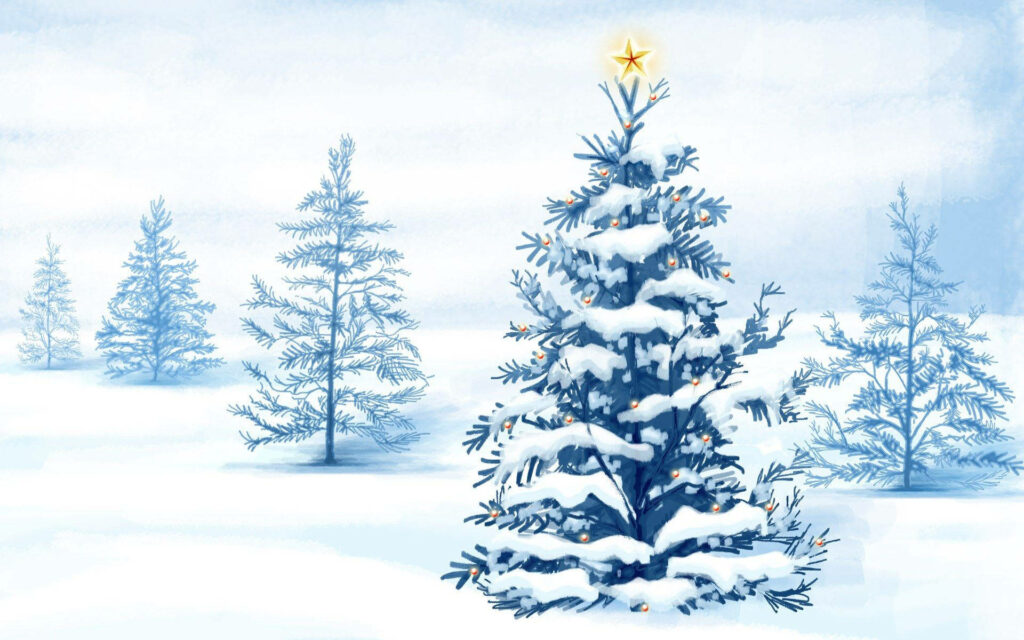 Serene Snowy Christmas Tree Wallpaper: Tranquil Winter Landscape