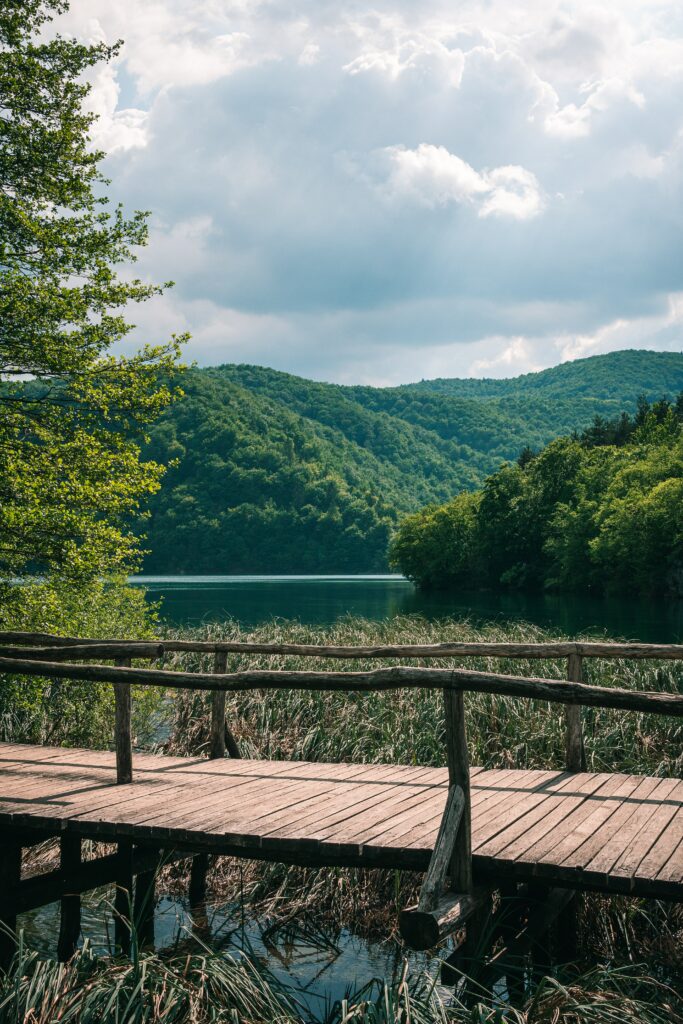 Wooden bridge over lake reeds surrounded by green forest and hills under a cloudy sky wallpaper