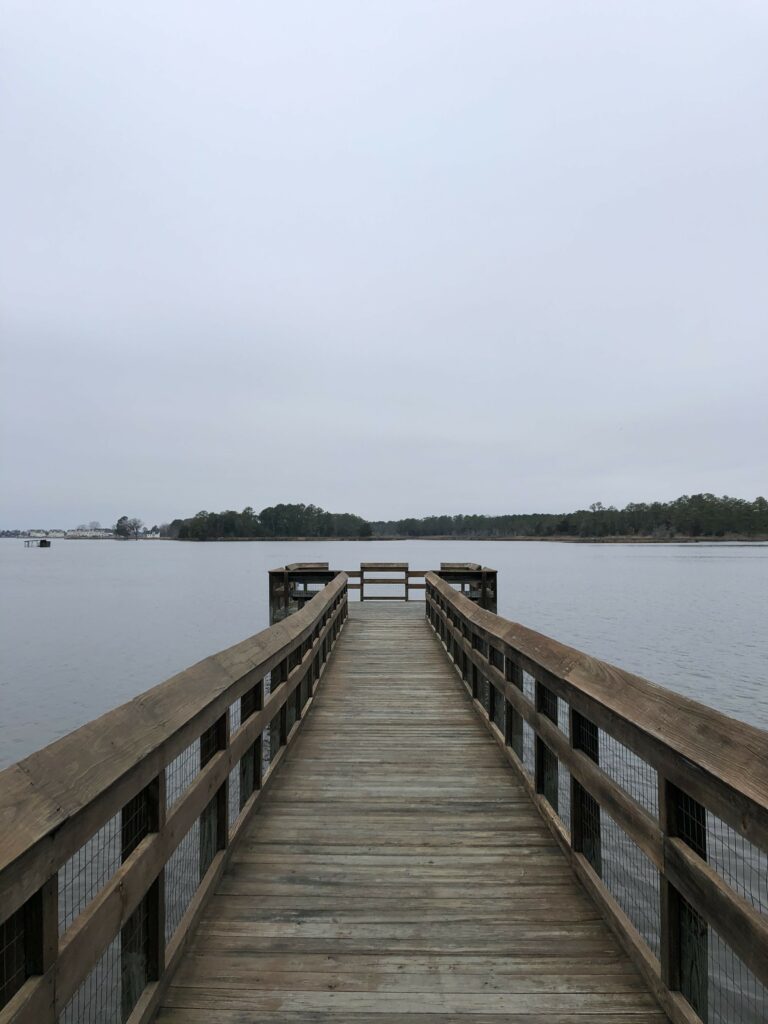 Wooden pier over calm river with overcast sky and distant trees serene peaceful wallpaper background