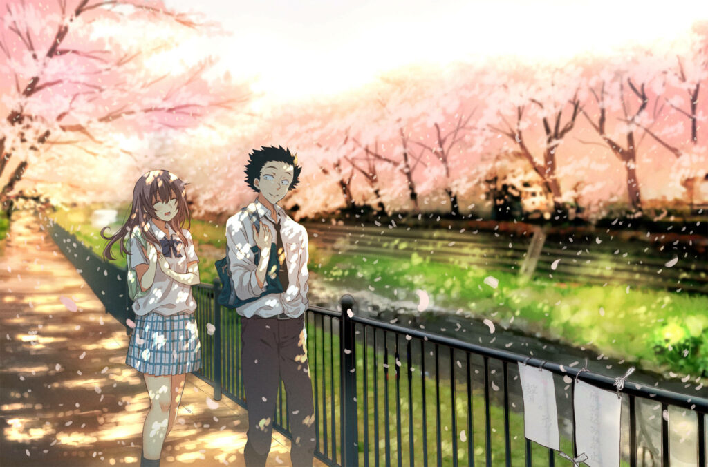 Tranquil Passage: A Serene Stroll by the Creek in A Silent Voice's Enchanting Landscape Wallpaper