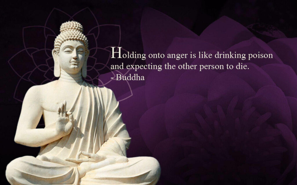 Serene Purple Reflections: Buddha Quotes Inspiring Anger Management through Peaceful Contemplation Wallpaper