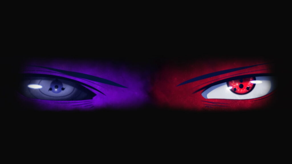 The All-Seeing Eyes: Sharingan and Rinnegan Unleashed in Stunning HD Wallpaper with Striking Black, Purple, and Red Background