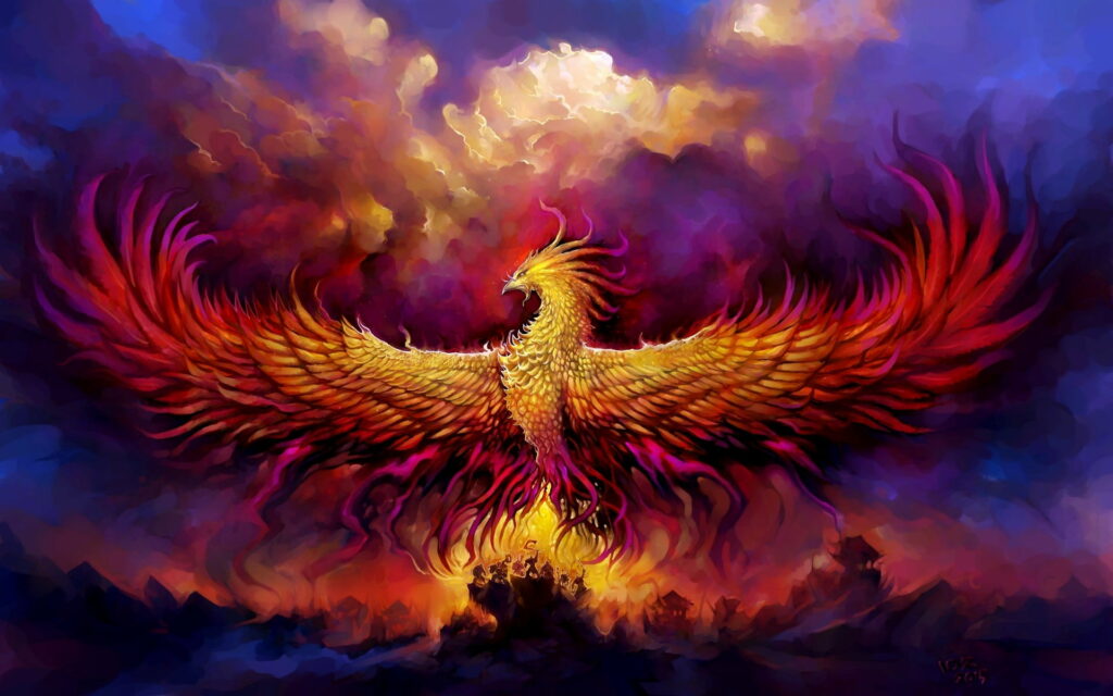 Ethereal Flight: Majestic Phoenix Soars Amidst Nature's Canvas Wallpaper