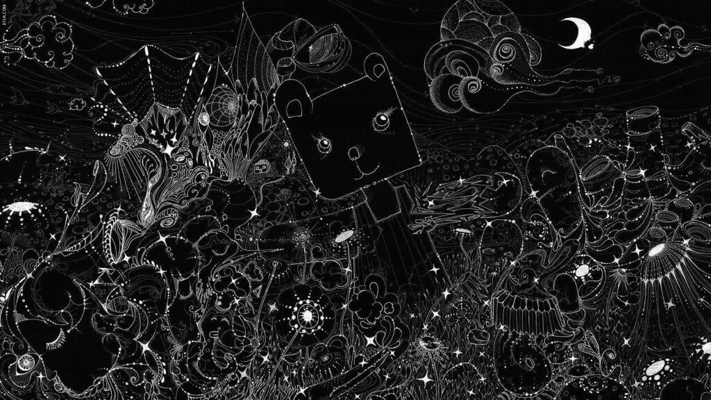 Psychedelic Meltdown: Exploring Twisted Wonders in a Blackened Realm Wallpaper