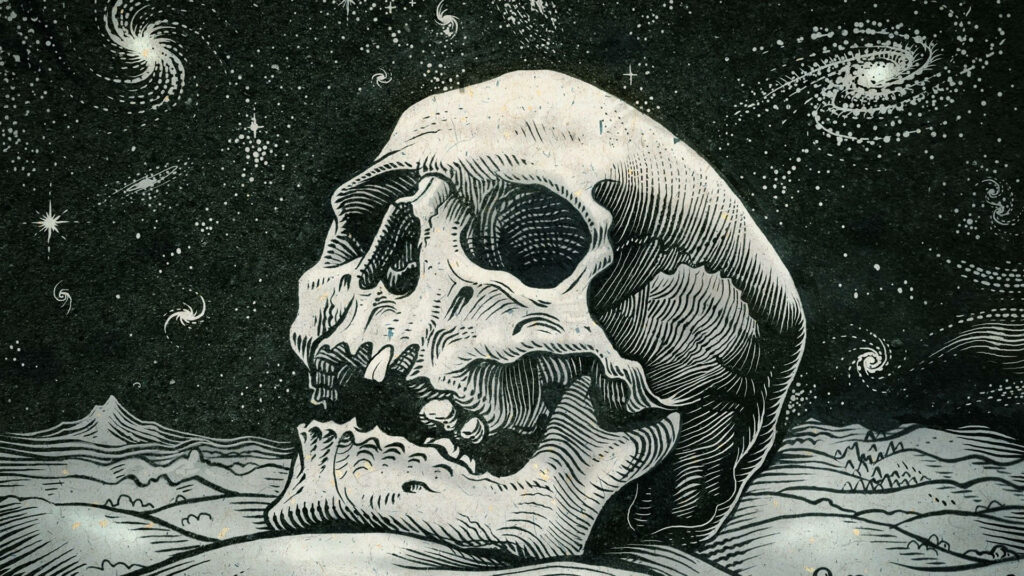 Glowing Cosmic Epiphany: Spectacular Art of a Massive Skull Embracing Nebulas, Stars, and Otherworldly Wonders Wallpaper