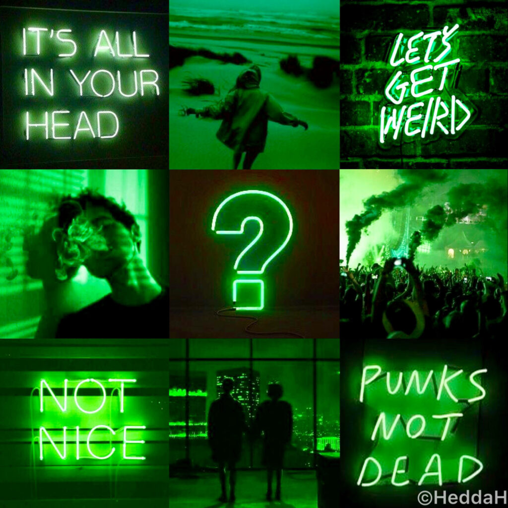 Vibrant Quotes Illuminating Minds: A Neon Green Aesthetic Collage Resonating 'It's All In Your Head', 'Let's Get Weird', 'Not Nice', And 'Punks Not Dead' Amidst a Couple Wallpaper