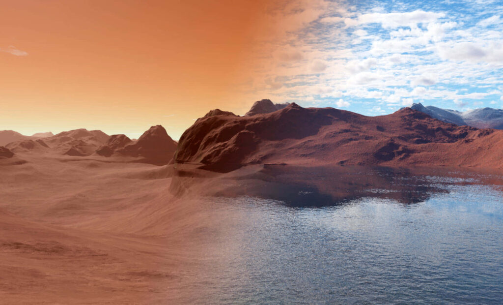 Stunning Mars Wallpaper: Terraforming Red Desert Meets Lush Water