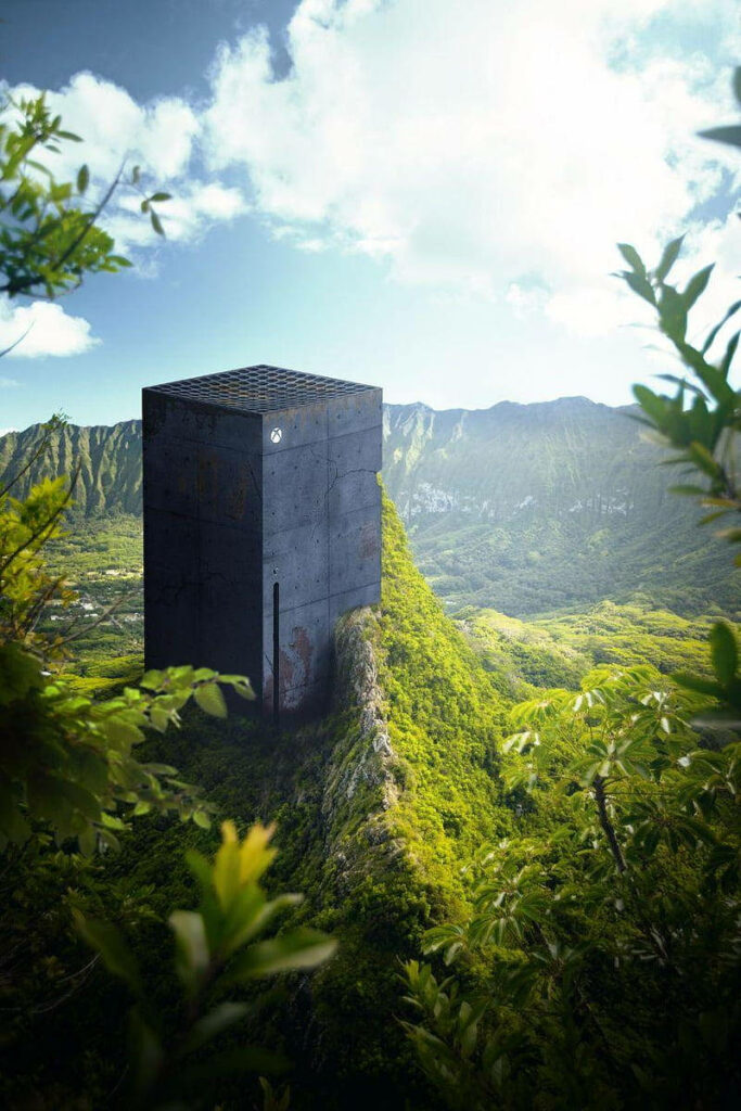 Xbox Series X Transformed into Abandoned Forest Dwelling amidst Sunlit Sky Wallpaper