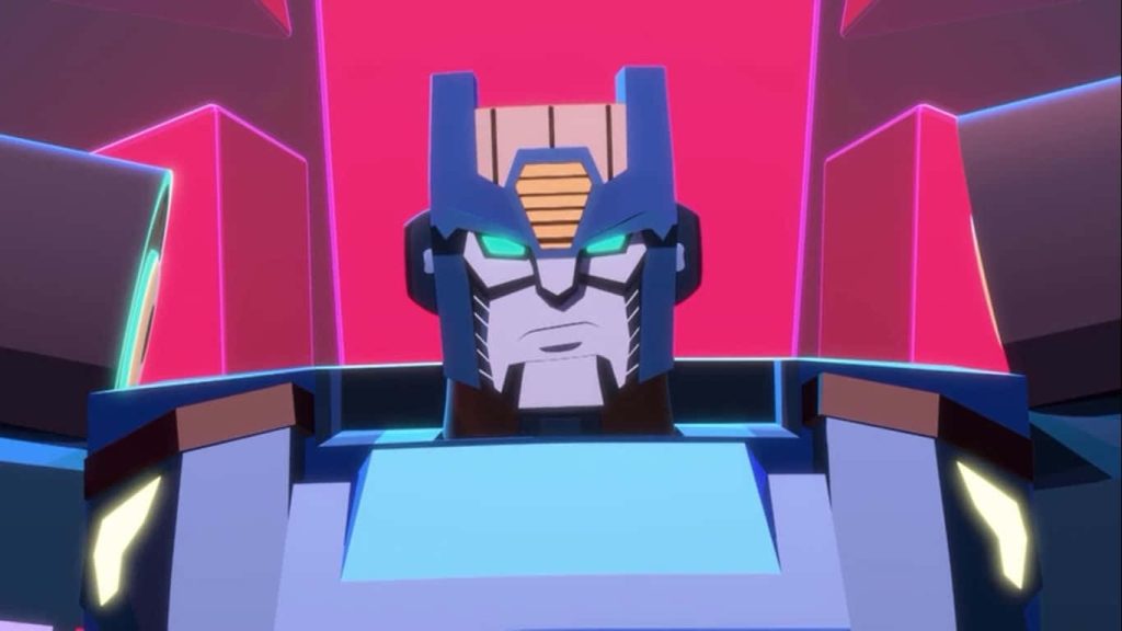 Transformers Cyberverse wallpaper Optimus Prime with glowing cyan eyes cel-shaded pink background