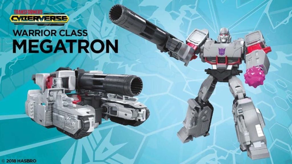 Transformers Cyberverse Megatron Warrior Class figure in robot and tank modes on blue background Wallpaper