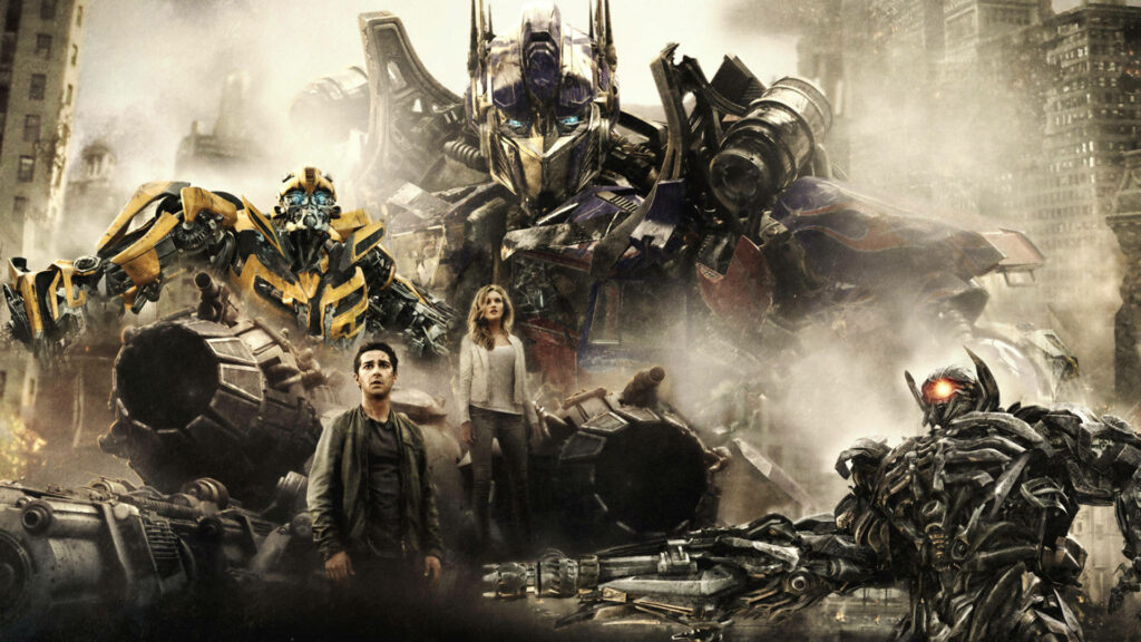 Devastation Reigns: A Transformers Dark Of Moon Wallpaper Showcasing Optimus Prime, Bumblebee and Megatron in the Aftermath of Destruction