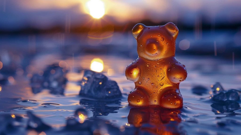 Translucent amber gummy bear on wet reflective surface with raindrops and warm sunset background Wallpaper
