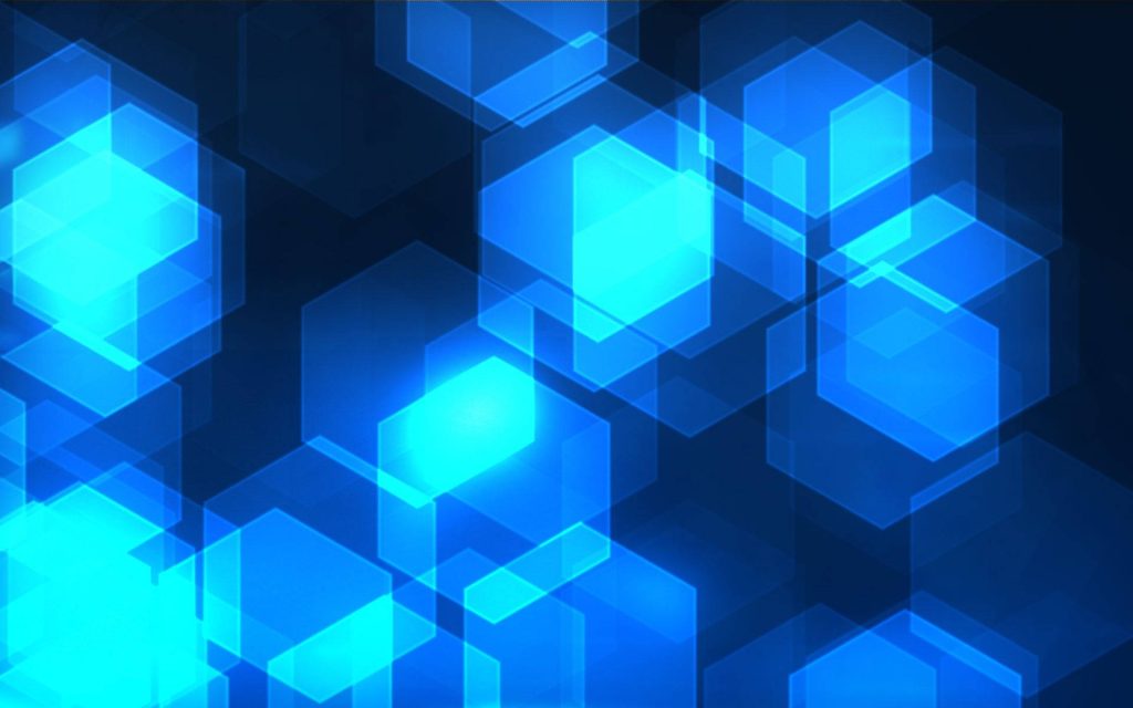 Translucent blue neon hexagon wallpaper with layered cyan geometric shapes on navy background