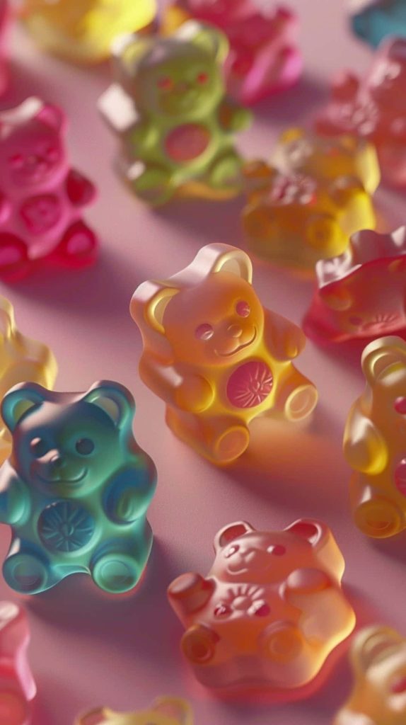 Colorful translucent gummy bears with floral chests on soft pink background digital wallpaper