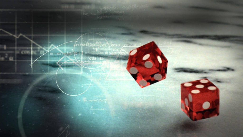 Translucent red dice hover over dark textured surface with glowing physics equations wallpaper