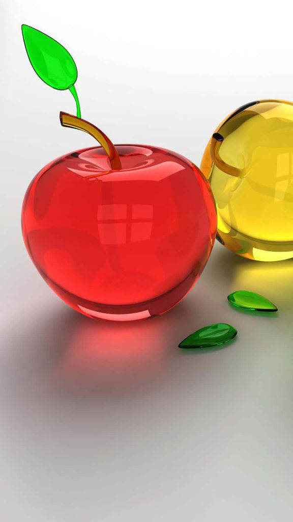 3D glossy translucent red yellow glass apples with green leaves minimalist iPhone wallpaper background