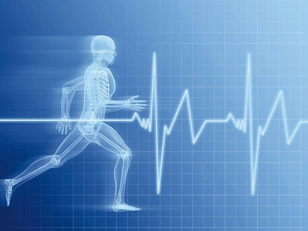 Translucent runner on blue grid with glowing EKG line symbolizing athletic endurance wallpaper