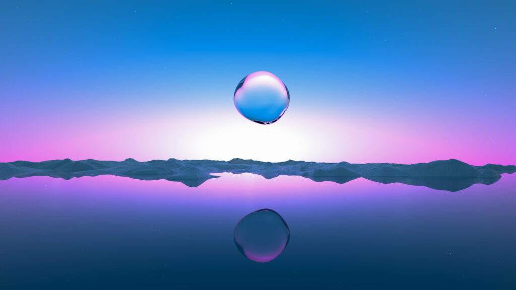 Crystal Clear Horizons: A Vibrant 4K Sunrise Wallpaper Embracing Transparent Droplet Landscape with a Fusion of Pink and Blue Technology