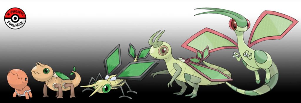 Creative Pokémon Trapinch evolution fan art featuring insect-inspired designs and Flygon final form Wallpaper