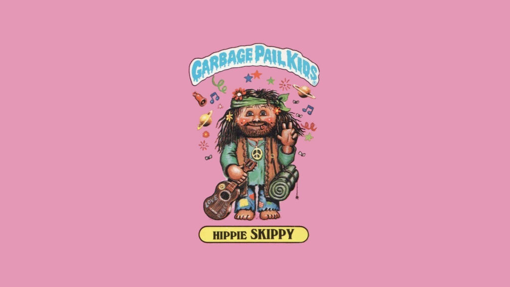 Garbage Pail Kids Hippie Skippy 80s retro wallpaper psychedelic pink background peace guitar