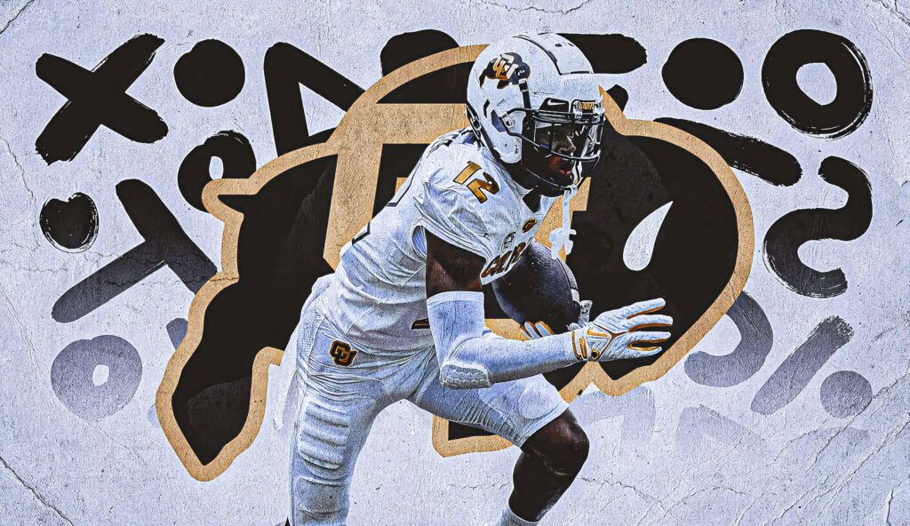 Travis Hunter in Colorado Buffaloes uniform in dynamic action pose with bold graphic background Wallpaper