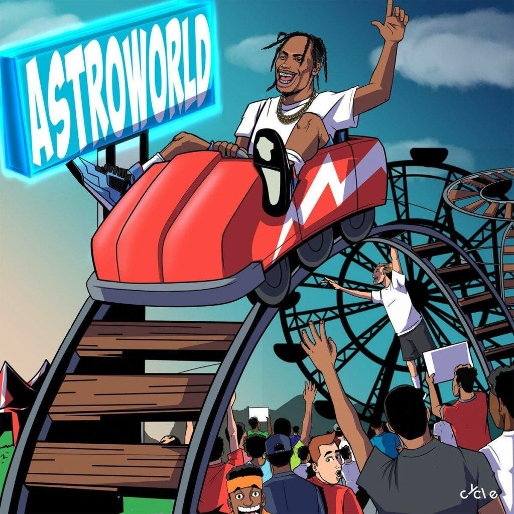 Travis Scott riding roller coaster at Astroworld vibrant wallpaper high energy theme park background